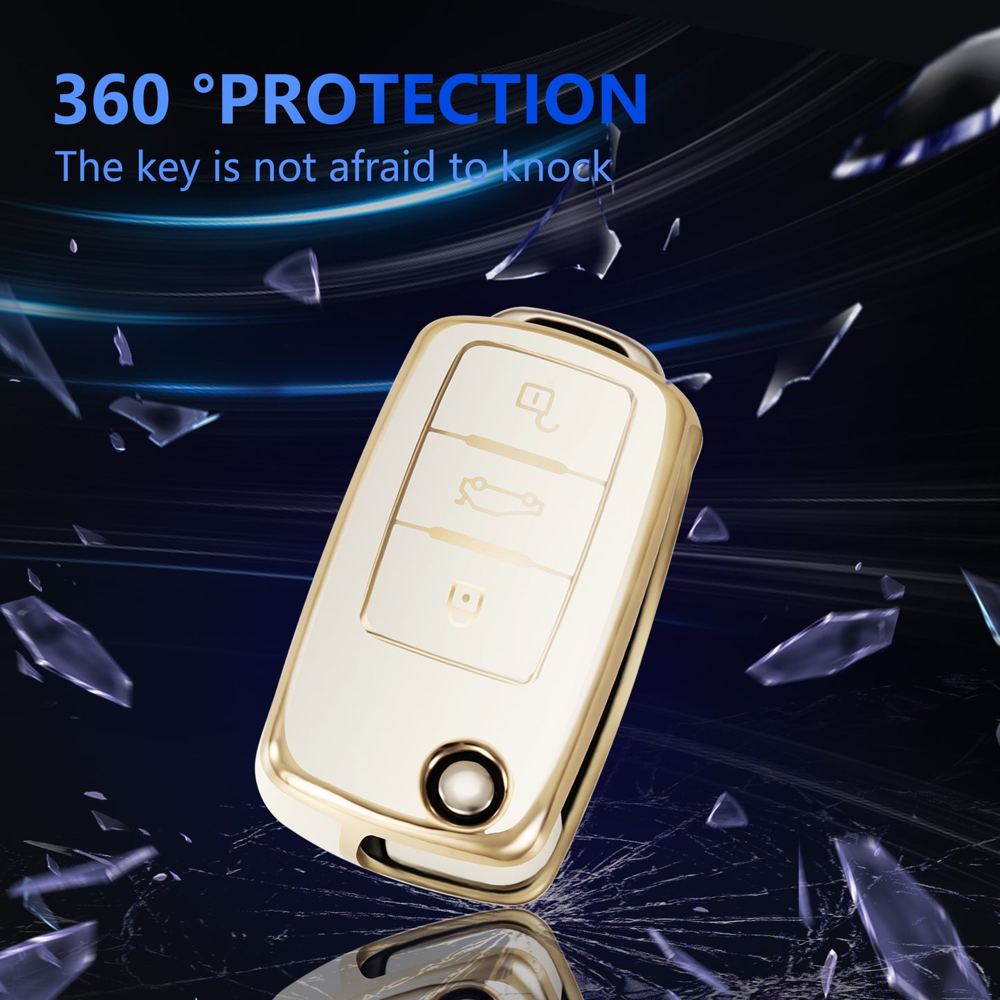 for VW Volkswagen Key Fob Cover Car Key Case Shell with Gold Keychain fit Jetta Beetle Tiguan Passat Golf