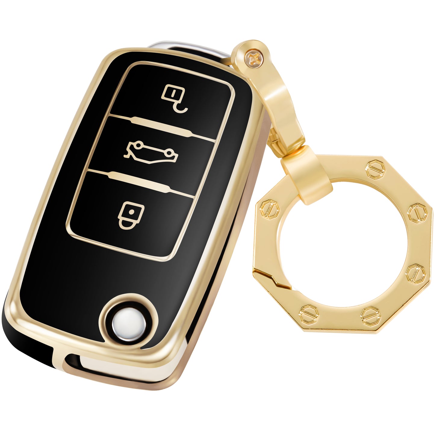 for VW Volkswagen Key Fob Cover Car Key Case Shell with Gold Keychain fit Jetta Beetle Tiguan Passat Golf